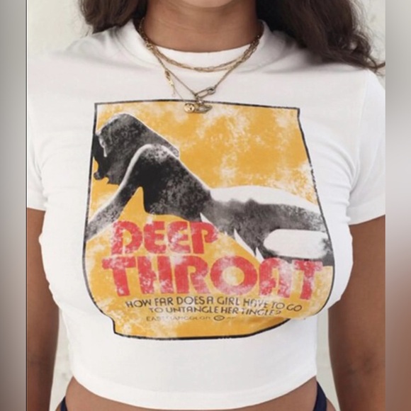 Tops - White Graphic Crop Top with Yellow & Red Poster Print